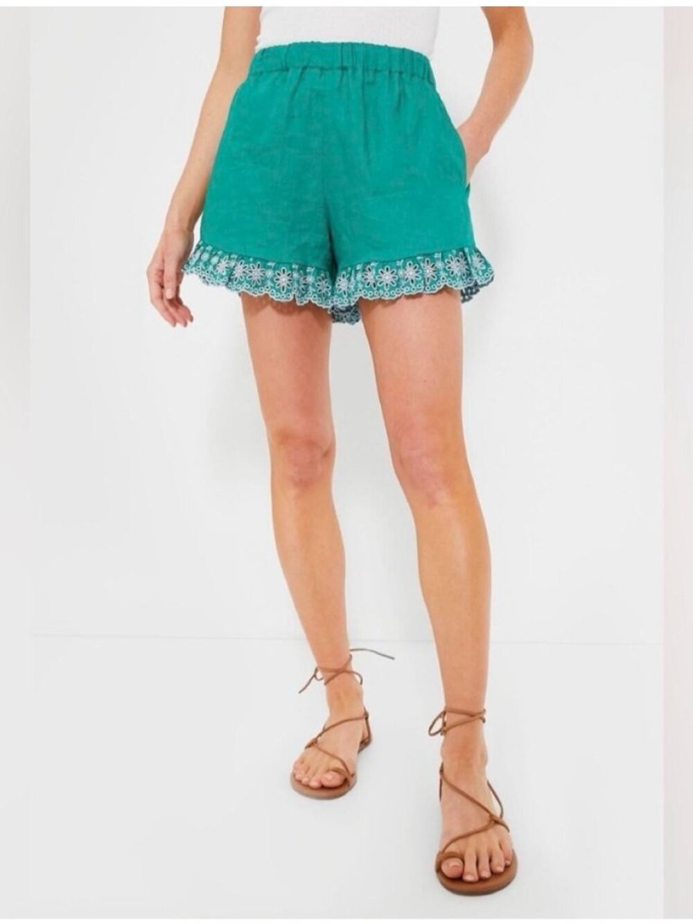 Hyacinth House Embroidered Linen Shorts in Green XXSmall New Womens
